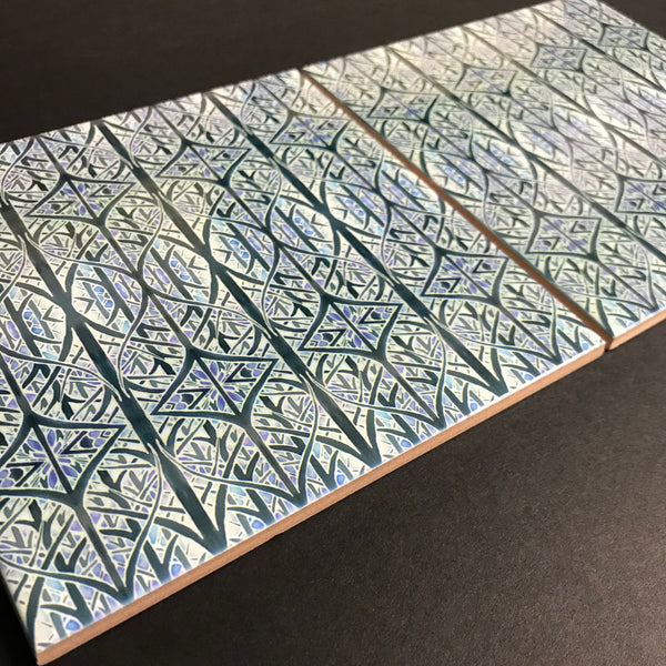 Contemporary Charcoal and Pale Blue Woven Trees Ceramic Tiles -  Ceramic Hand Printed Tiles
