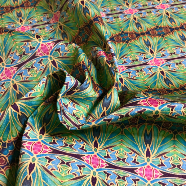 Soft Teal Green Turquoise Lilac Gold 'Gentle Stars' Designer 100% Cotton Satin fabric for curtains, upholstery and soft furnishings