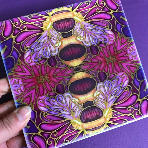 Plum gold square 6x6” bee tiles. Honey bee bathroom tiles. Bumble bee kitchen tiles. bathroom remodel. kitchen makeover. Hand printed by Meikie