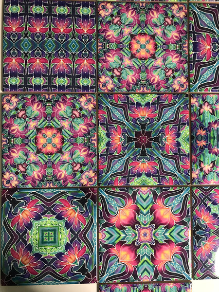 Vibrant Purple Iris Bohemian Mixed Set of 50 Ceramic Tiles - Pink Green Purple Turquoise Bright Bohemian Kitchen Tiles