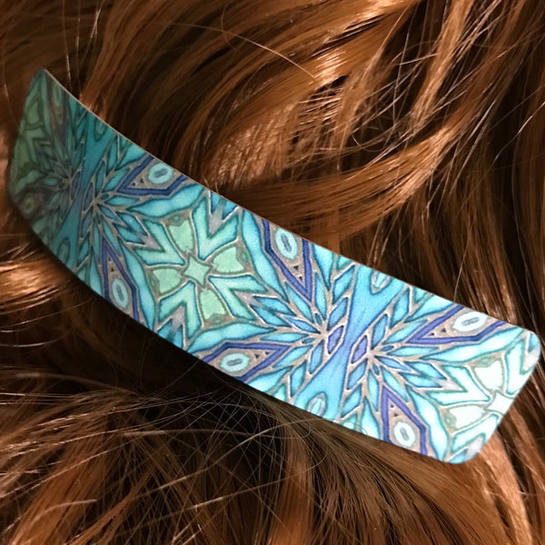 Teal Aqua Green Mosaic Look Hair Barrette - Arts and Crafts Style Hair Clip