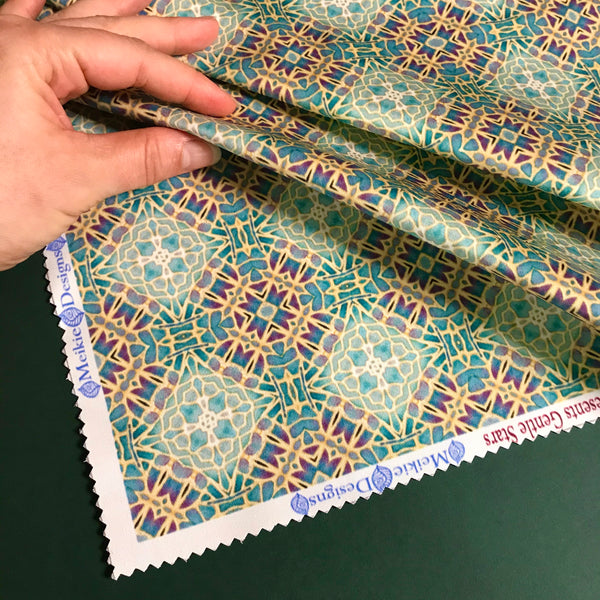 Soft Teal Green Turquoise Lilac Gold 'Gentle Stars' Designer 100% Cotton Satin fabric for curtains, upholstery and soft furnishings