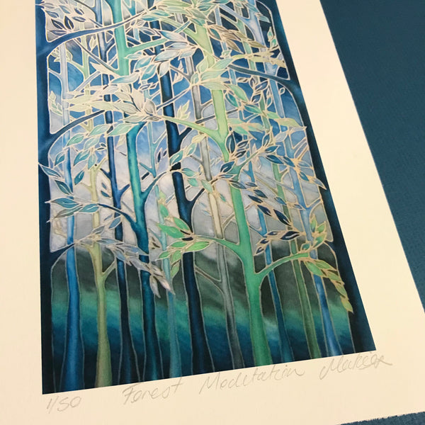 Forest Meditation Signed Print - Blue Green Grey Forest Print Art