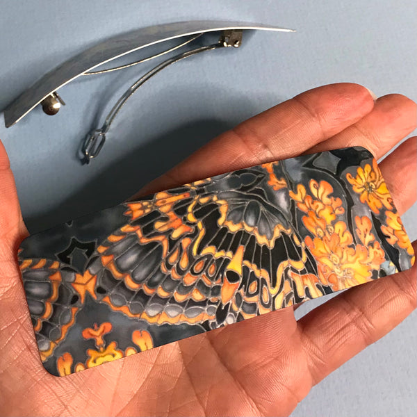 Grey Orange Charcoal Butterflies Moth Large hair clip, barette, hairslide, stocking filler, gift for her, gift for woman, gifts for girls, pretty presents.
