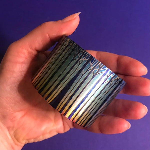 Cathedral Tree Stripes Bracelet in rich stained glass sunset colours- easy wear lightweight aluminium.