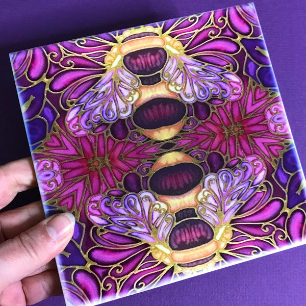Plum gold square 6x6” bee tiles. Honey bee bathroom tiles. Bumble bee kitchen tiles. bathroom remodel. kitchen makeover. Hand printed by Meikie