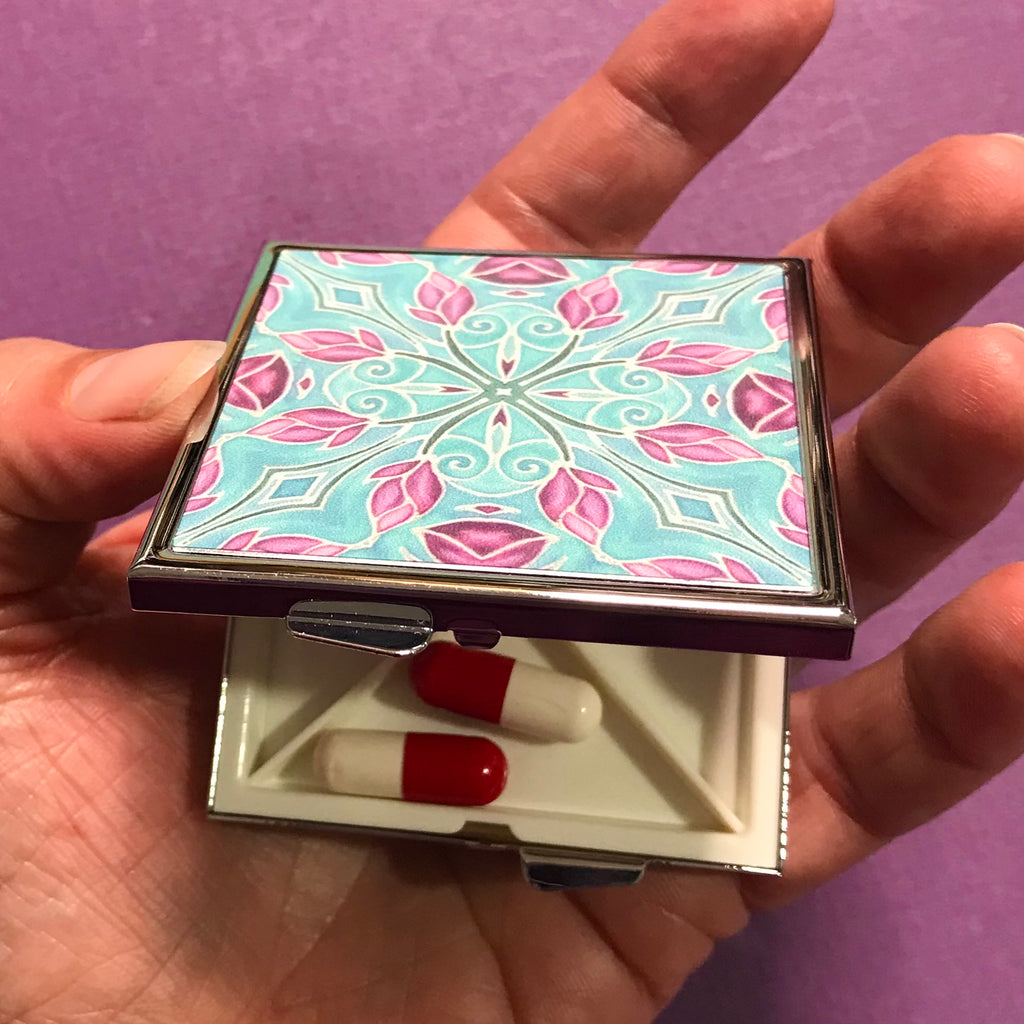 Pretty Pink & Sky Blue Magnolias Large Pill Box - Stud Earing Jewellery Box
