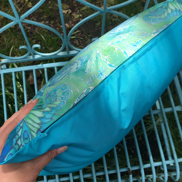 Sea Green Butterfly Showerproof Cushion - Showerproof Garden Cushions - Blue green turquoise Cushion
