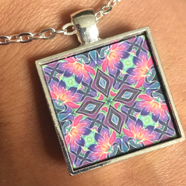 Pink Purple Iris Kaleidoscope Necklace - Square Tile Pendant - Affordable gift