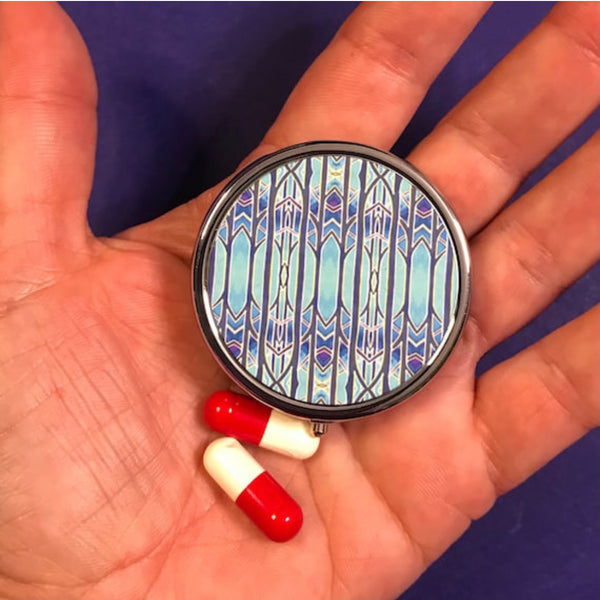 Sky Arches Contemporary Pill Box - Pretty Art Deco Style Blue Round Box - Stud Earing Jewellery Box