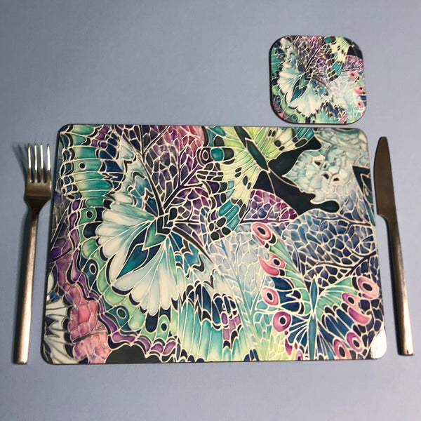 Butterfly on Leaves hard wearing Table Mats - Teal Pink Plum Charcoal Green Tableware