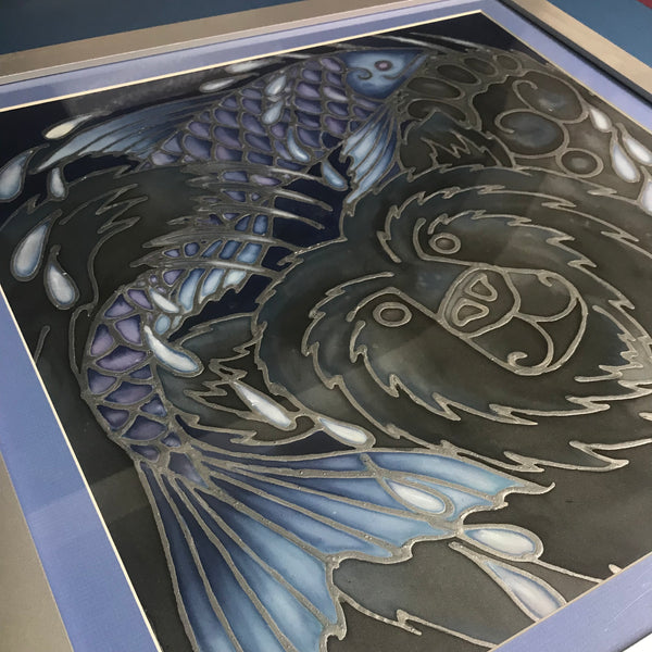 Happy Bear Silk Painting - Bear with Fish Original Art - Black Bear Painting