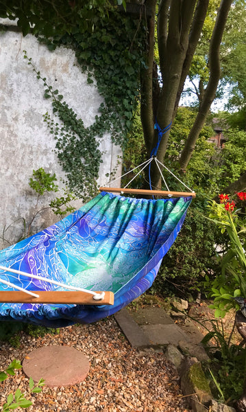 Gorgeous Blue Green Reversible Hammock - featuring Blue Shoal on one side and Dragonflies on the reverse.