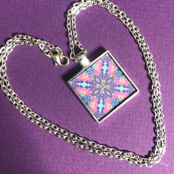 Pink Purple Iris Kaleidoscope Necklace - Square Tile Pendant - Affordable gift