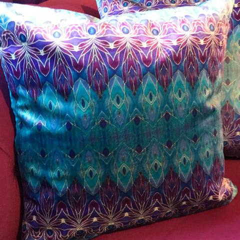 Persian inspired ornate patterned velvet cushions, Mediterranean blue and purple super soft luxurious decorative throw pillows