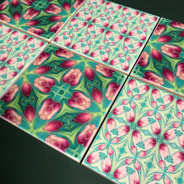 Pink Tulip Mixed Set of Bathroom Tiles - Arts and Crafts Look Bright Bohemian Kitchen Tiles