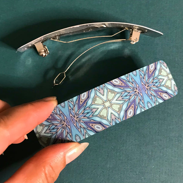 Teal Aqua Green Mosaic Look Hair Barrette - Arts and Crafts Style Hair Clip