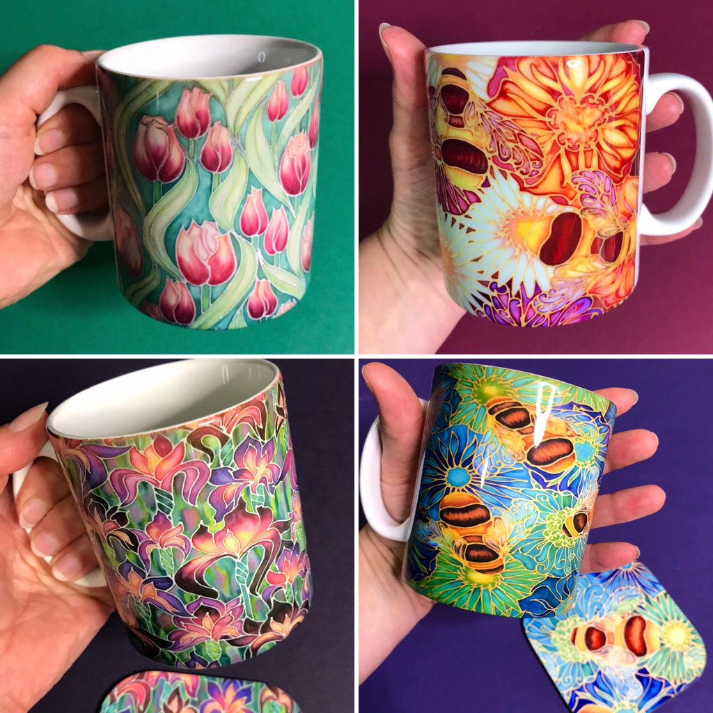 Bees and Flowers Set of 4 Mugs or Mug and Coaster Box Sets - Mug Gift