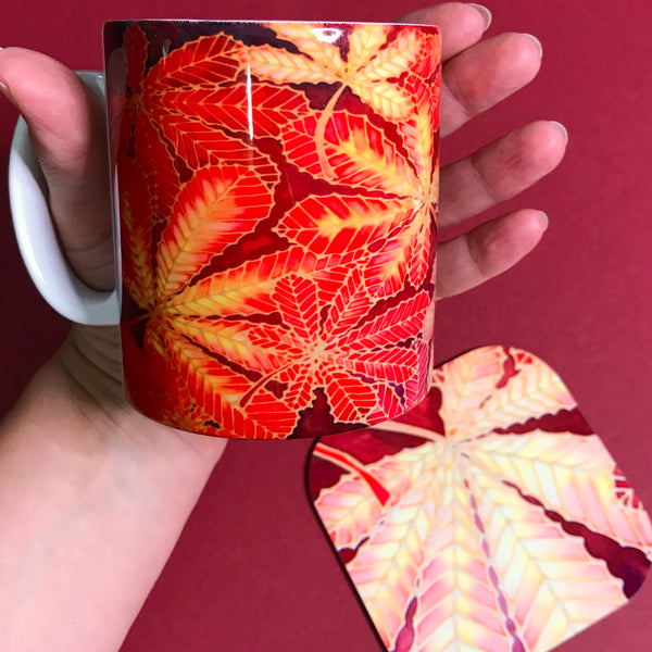 Autumn Horsechestnut Leaves Mug - Mug and Coaster Box Set - Red Mug Set - Autumn Mug Gift