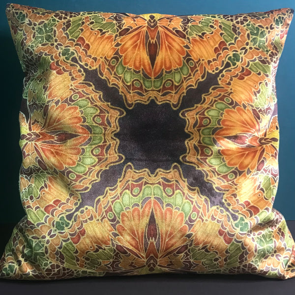 Green Terracotta Velvet Cushion - Luxury Velvet Moth Cushion - Green Rust Butterflies pillow