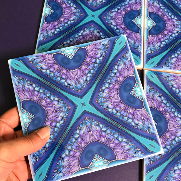 Persian Kaleidescope Tiles - contemporary tile in blue green purple and turquoise 6x6"