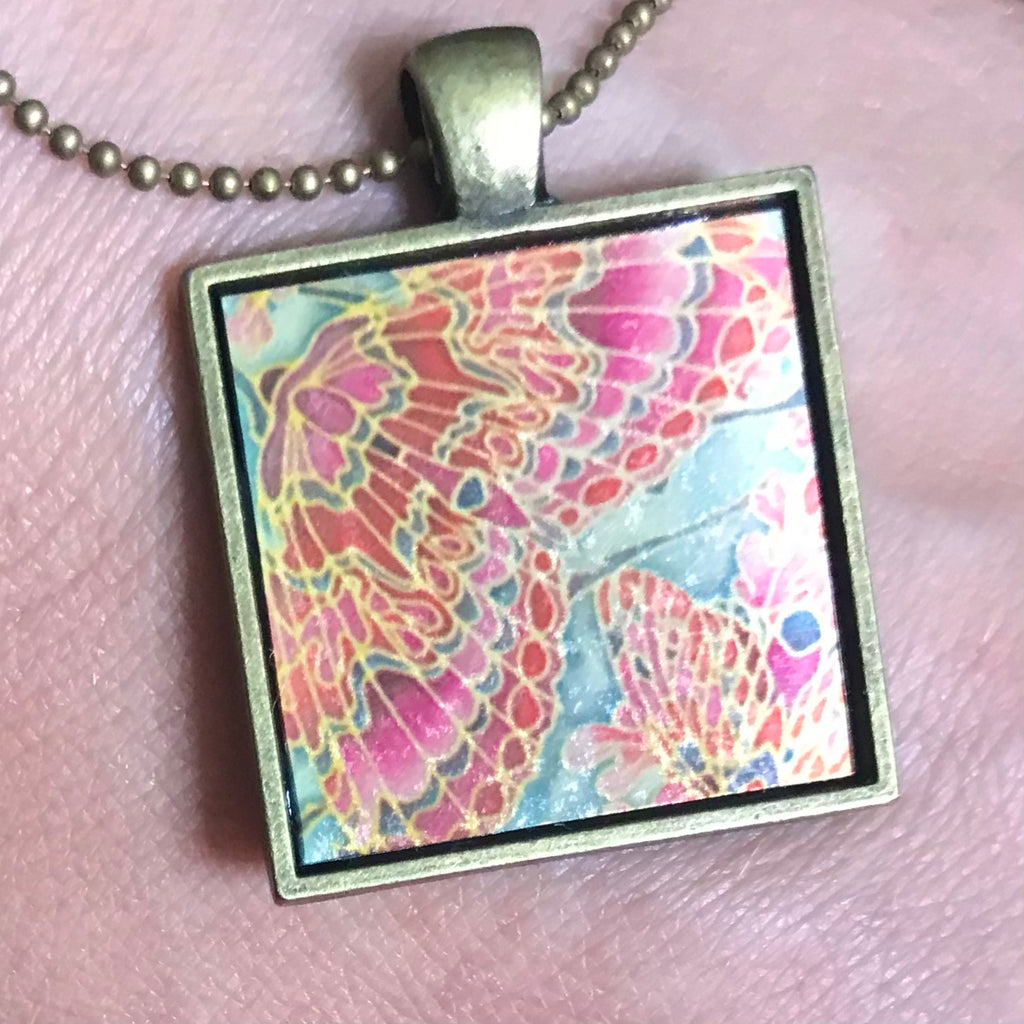 Pink Gold Blue Butterfly Necklace - Square Butterfly Pendant - Affordable gift
