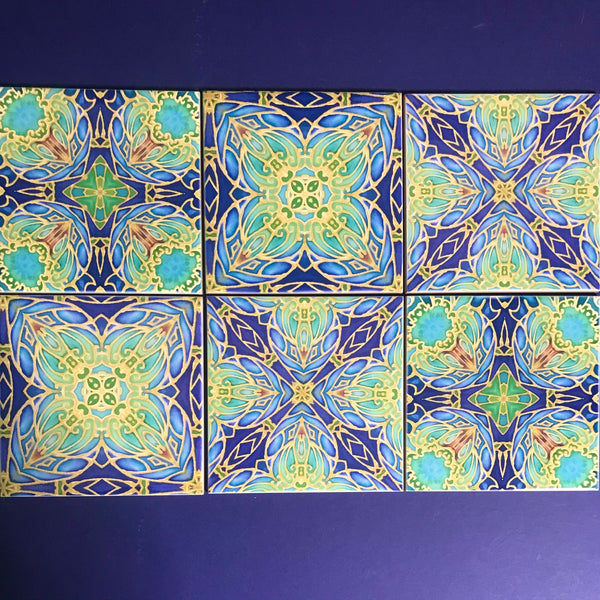 Italian Style Flowers Mixed Tiles Set - Blue Green Gold Tiles - Beautiful Bohemian Tiles