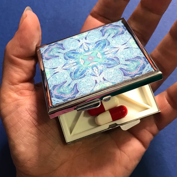 Blue Aqua Turtle Mandala Large Pill Box - Stud Earing Jewellery Box