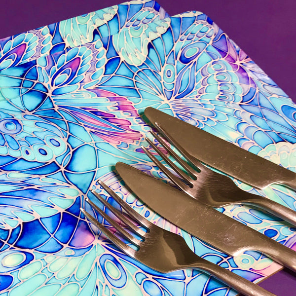 Table Mats Blue Butterflies - blue green turquoise placemats -  butterfly coasters tableware - glass chopping boards / counter savers, serving trays, mugs and mouse mats