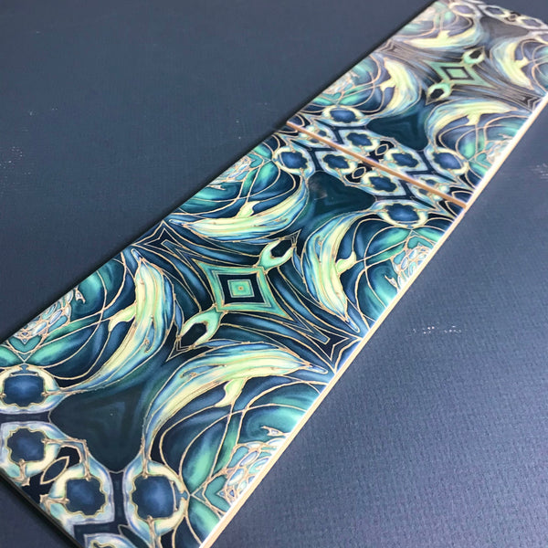 Blue Teal Dolphin Rectangular Tiles -  Ceramic Metro Brick Shaped Hand Printed Bathroom Kitchen Tiles