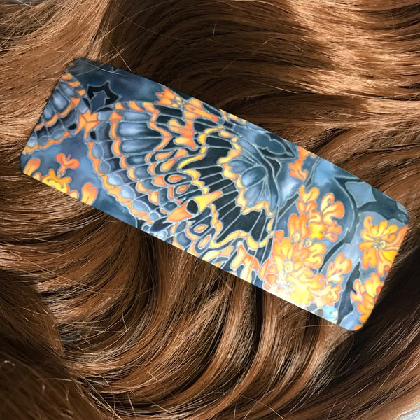 Grey Orange Charcoal Butterflies Moth Large hair clip, barette, hairslide, stocking filler, gift for her, gift for woman, gifts for girls, pretty presents.