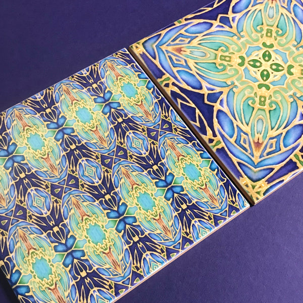 Italian Style tiles in blue green and gold 6x6"