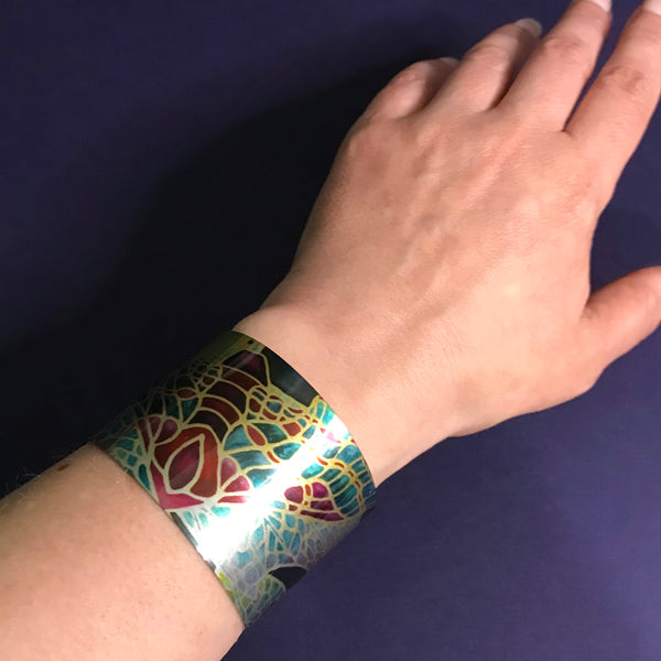 Teal Green and Beaujolais Butterfly Moth Cuff Bracelet - Comtemporary Green Bangle - easy wear lightweight aluminium.