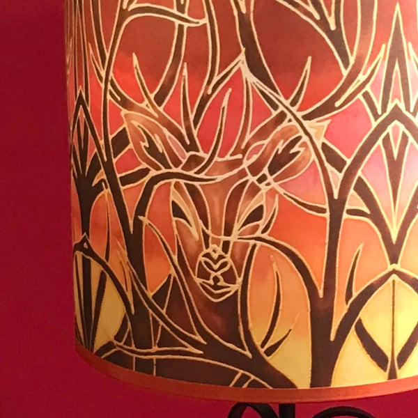 Red Stag Lampshade - Stag Sunset Drum Shade - Atmospheric Lamp Shade