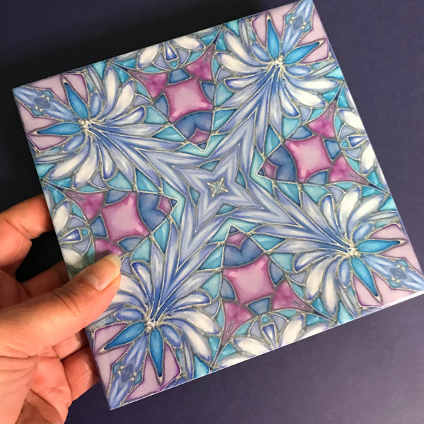 Indian Exotic Flower Tiles - Lilac Blue Turquoise Bohemian Ceramic Printed Tiles