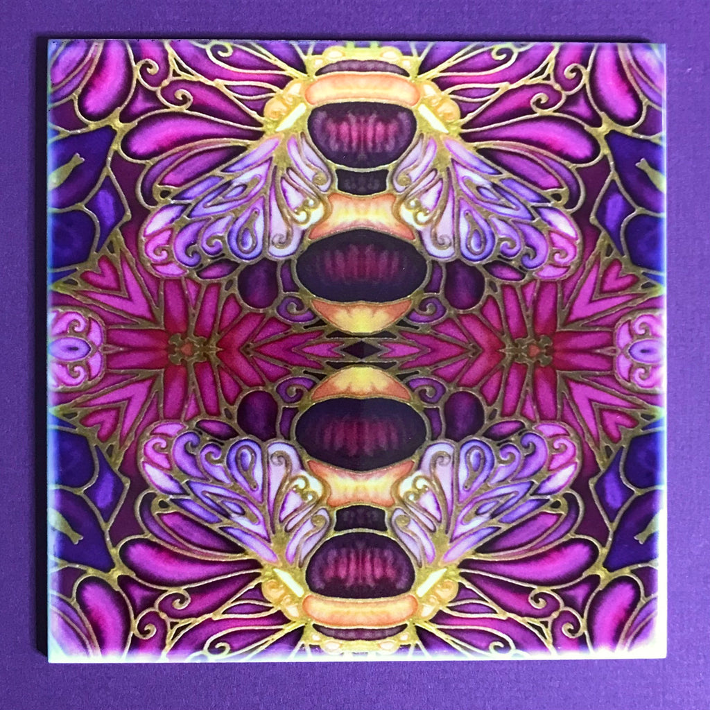 Plum gold square 6x6” bee tiles. Honey bee bathroom tiles. Bumble bee kitchen tiles. bathroom remodel. kitchen makeover. Hand printed by Meikie