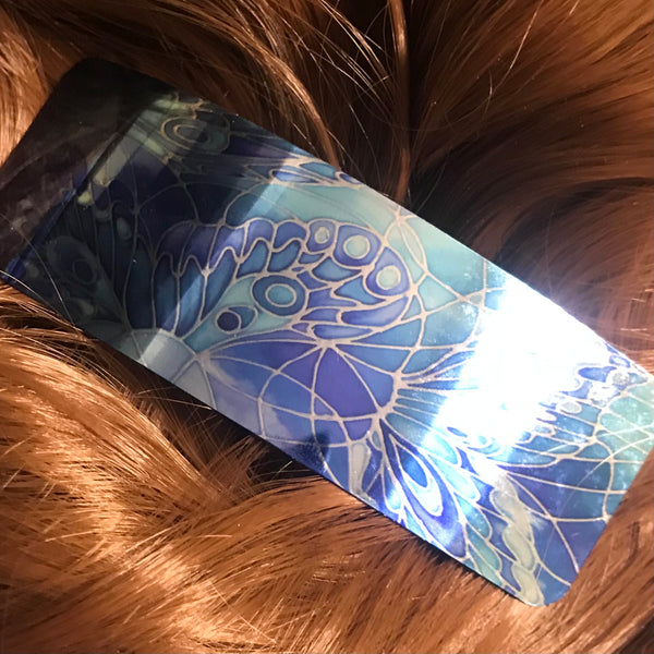 Blue Butterflies Large hair clip, barette, hairslide, stocking filler, gift for her, gift for woman, gifts for girls, pretty presents.