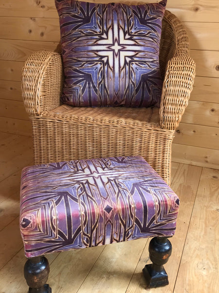 SOLD Stunning Cathedral Window Round Footstool with storage - one off Bespoke Upholstery.