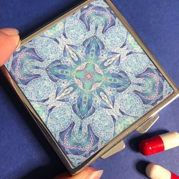 Blue Aqua Turtle Mandala Large Pill Box - Stud Earing Jewellery Box