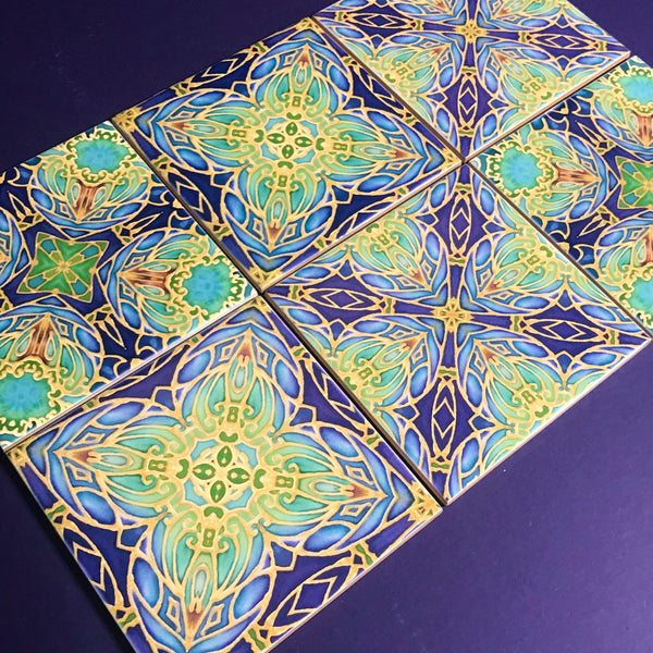 Italian Style Flowers Mixed Tiles Set - Blue Green Gold Tiles - Beautiful Bohemian Tiles