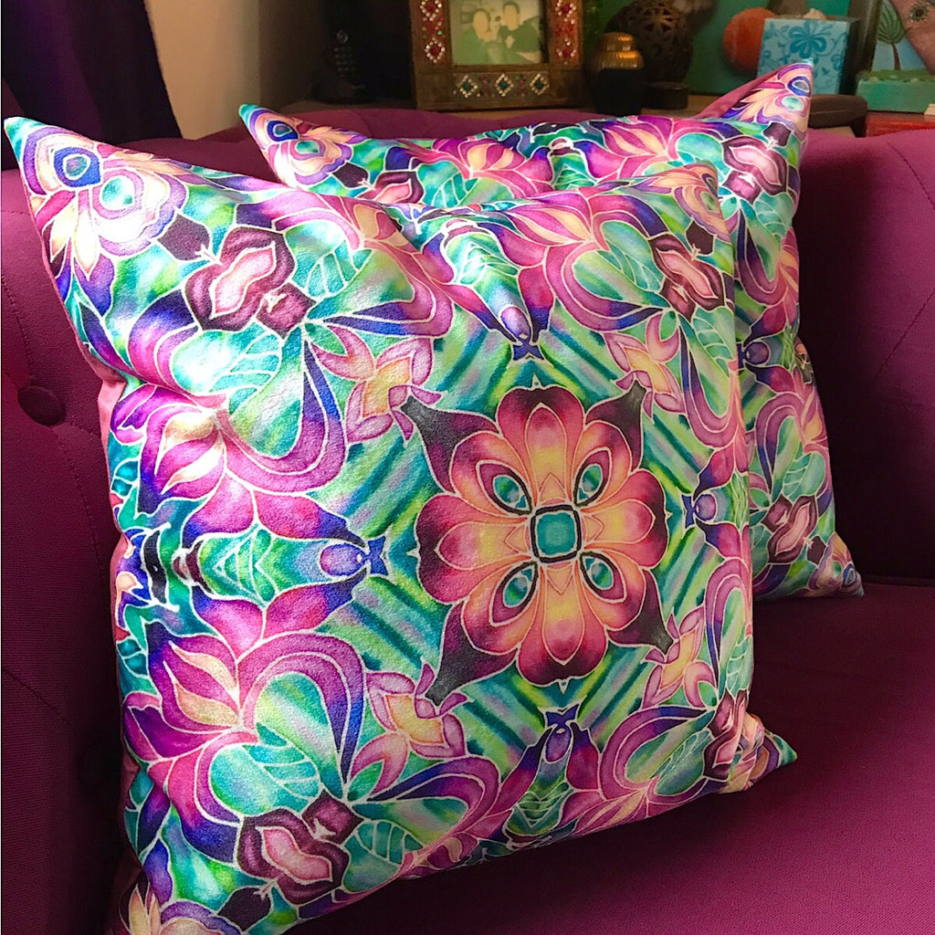 Pink Iris Velvet Cushions - Purple Irises Throw Pillow - Luxury Flower Accent Decor