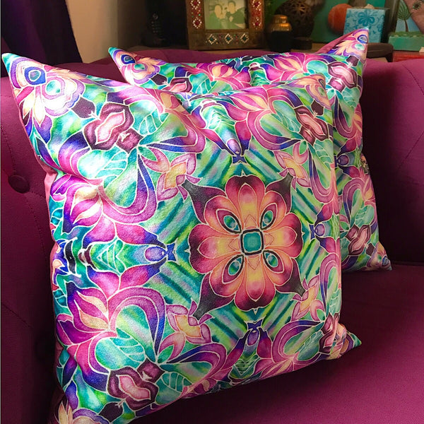 Pink Iris Velvet Cushions - Purple Irises Throw Pillow - Luxury Flower Accent Decor