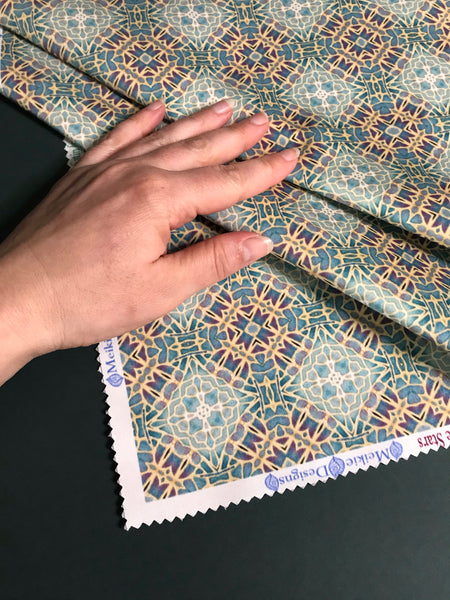 Soft Teal Green Turquoise Lilac Gold 'Gentle Stars' Designer 100% Cotton Satin fabric for curtains, upholstery and soft furnishings