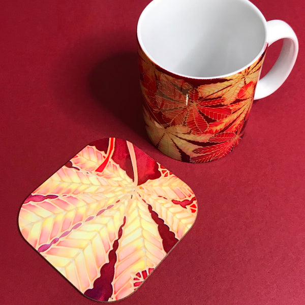 Autumn Horsechestnut Leaves Mug - Mug and Coaster Box Set - Red Mug Set - Autumn Mug Gift