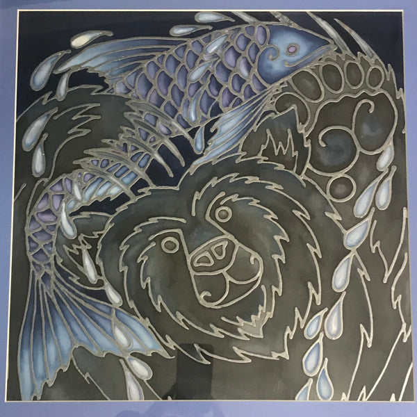 Happy Bear Silk Painting - Bear with Fish Original Art - Black Bear Painting