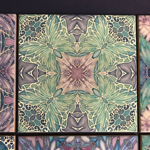 Pretty Butterflies and Flowers set of 8 Tiles - Lilac Turquoise Bohemian Ceramic Printed Tiles