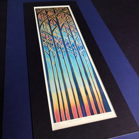 Cathedral Trees Signed Print - Blue Purple Turquoise Red Forest Print Art