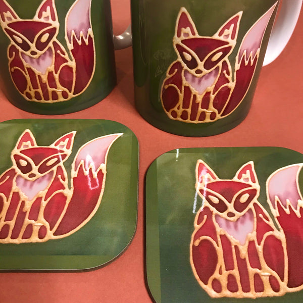 Cute Fox Mug & Coaster - Fox Mug Box Set - Green Red Fox Mug - Fox Lovers Mug Gift