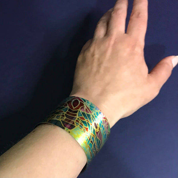 Teal Green and Beaujolais Butterfly Moth Cuff Bracelet - Comtemporary Green Bangle - easy wear lightweight aluminium.