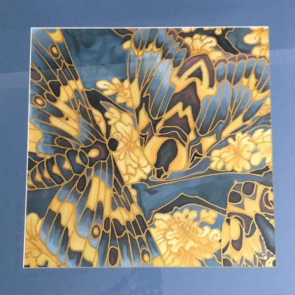 Moth on Lichen Painting - contemporary hand painted silk Butterflies - Blue Yellow Butterfly Original Art